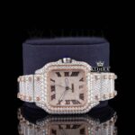 Two Tone Rose Gold Roman Dial Iced Out Moissanite Diamond Watch Close Up Front View