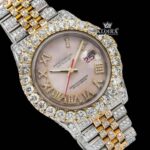 Two Tone Rose Gold Yellow Roman Numerals Moissanite Diamond Watch Full Close Up Dial View