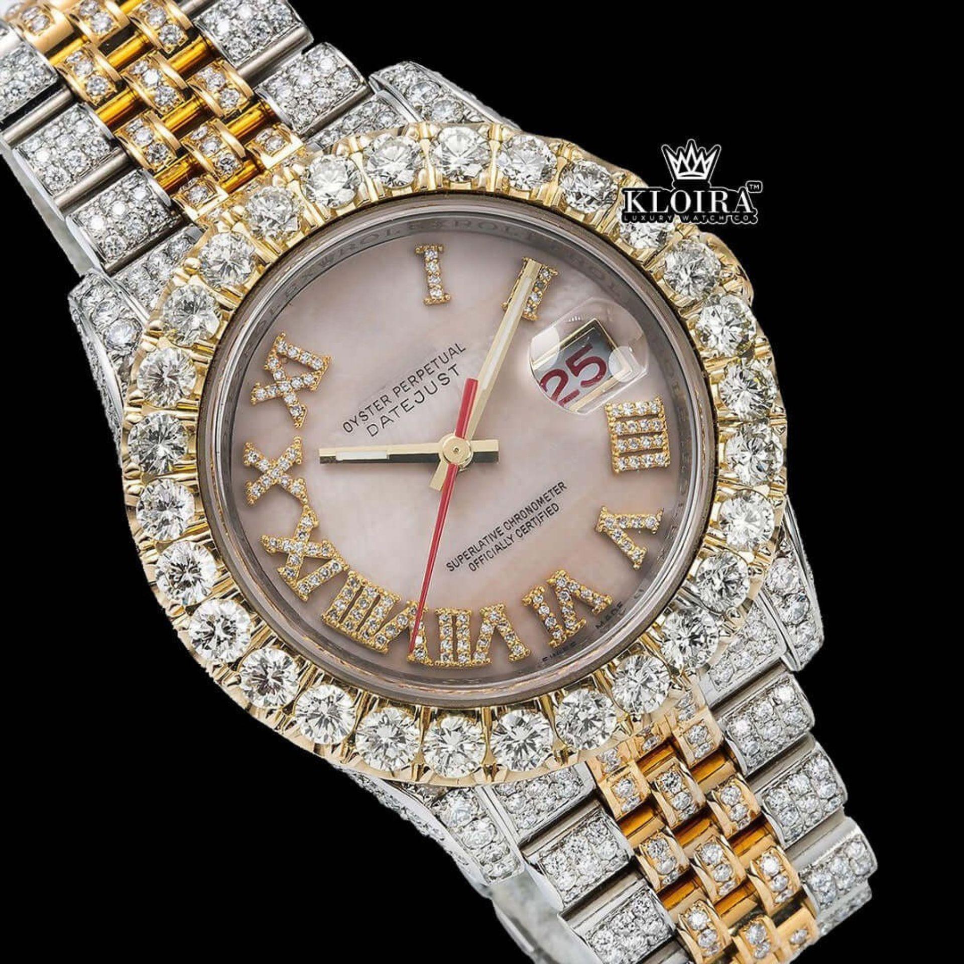 Two Tone Rose Gold Yellow Roman Numerals Moissanite Diamond Watch Full Close Up Dial View