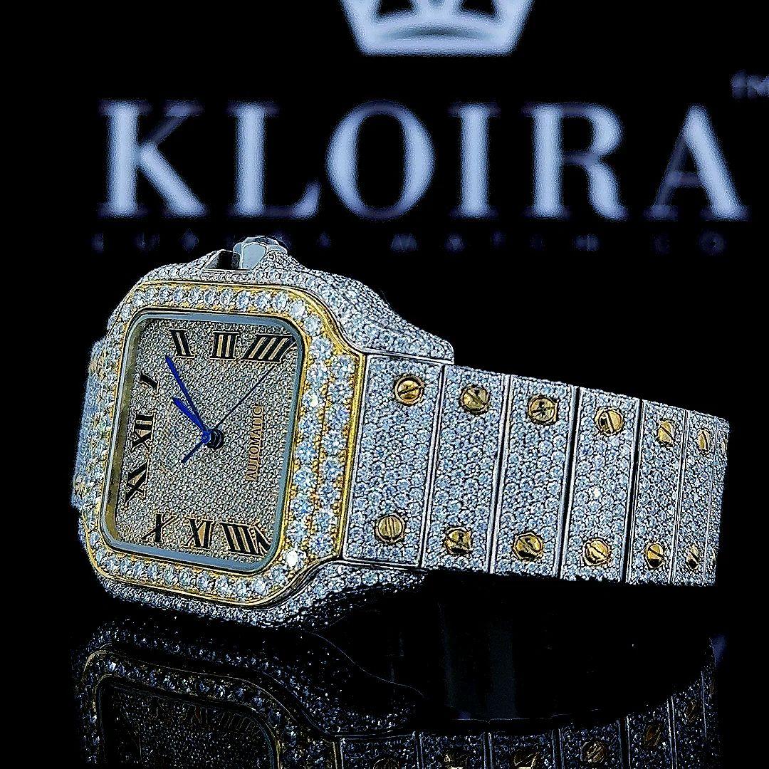 Two Tone Square Bezel Roman Numerals Fully Iced Out Moissanite Watch Right Strap View