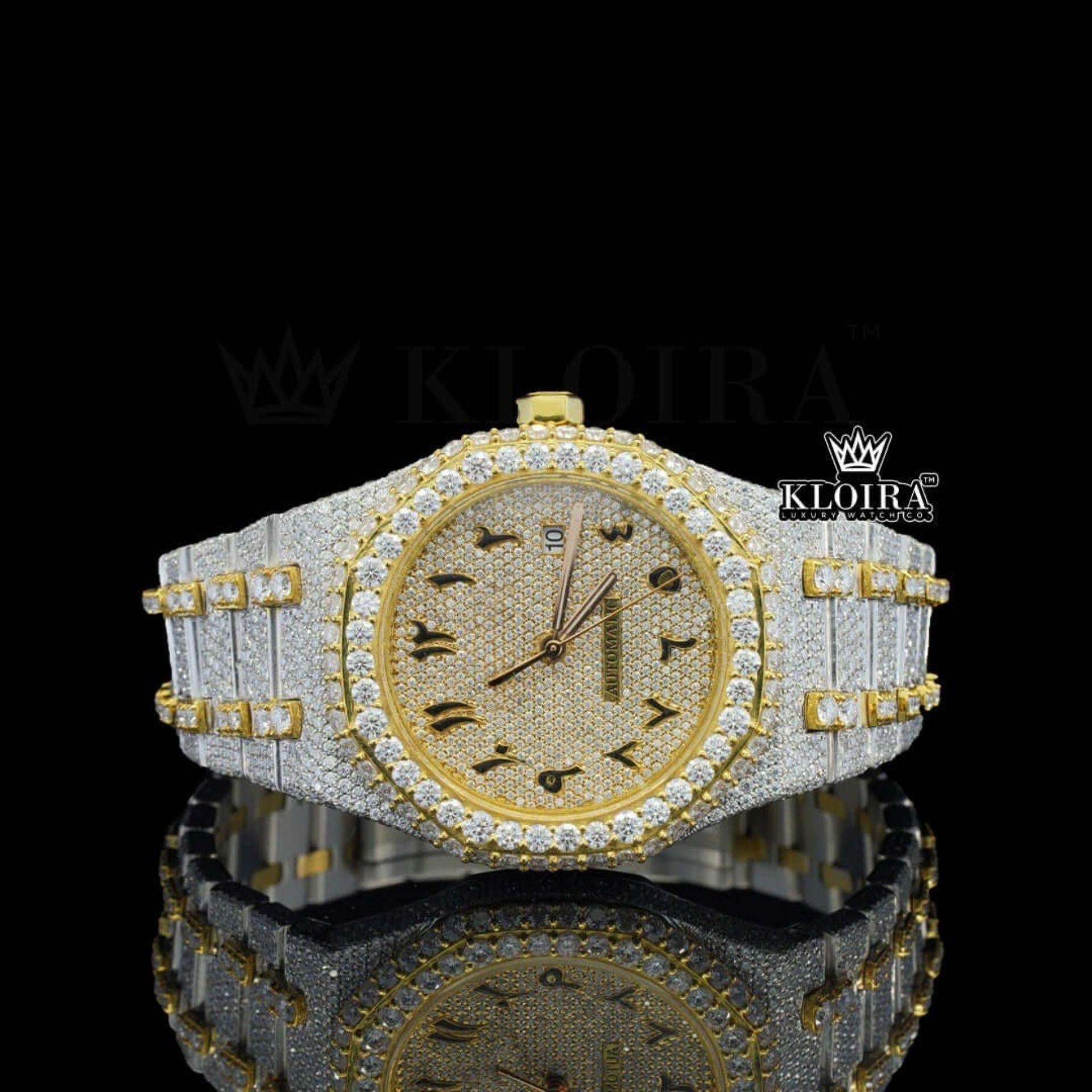 Two Tone Yellow Dial Arabic Numerals Iced Out Moissanite Diamond Watch Front View