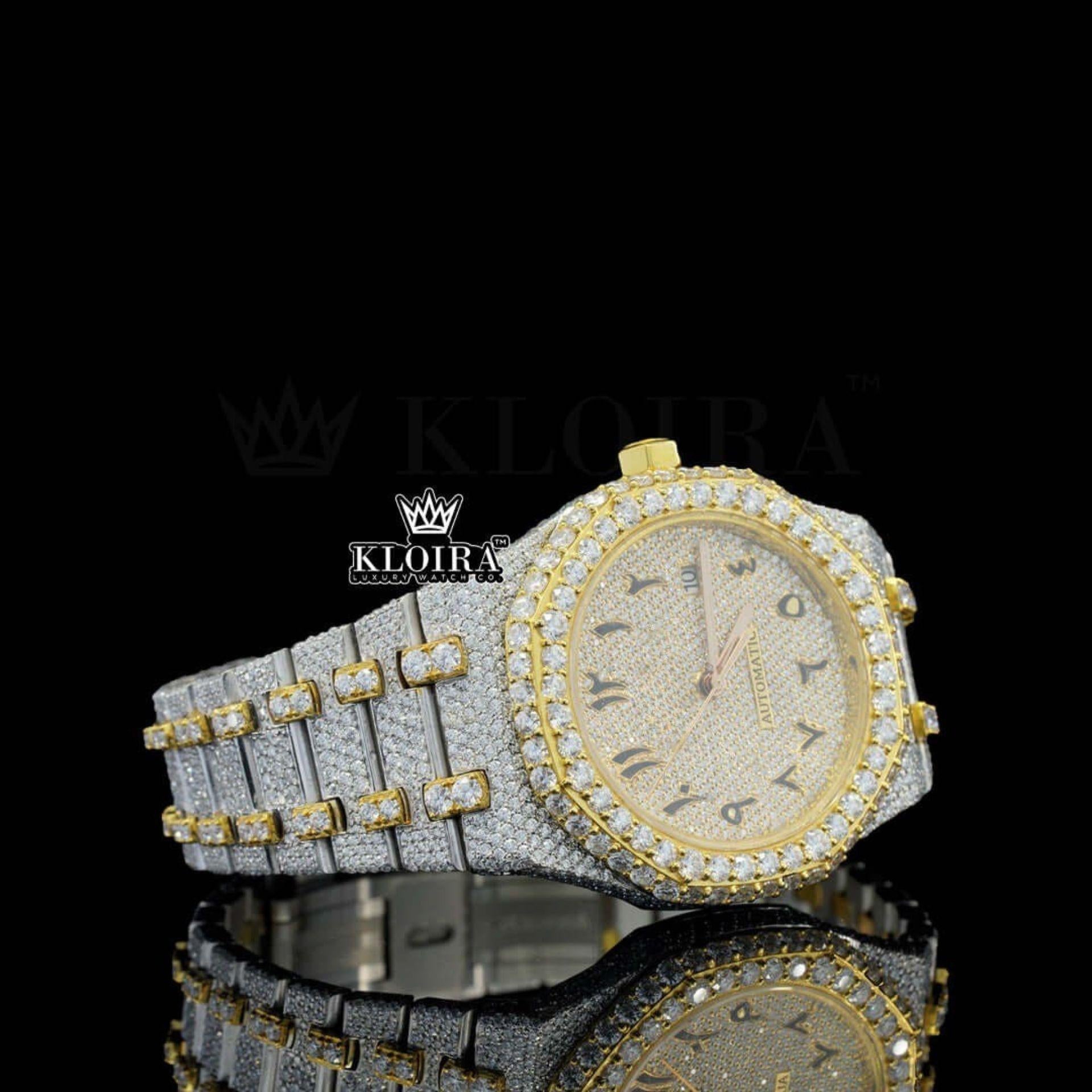 Two Tone Yellow Dial Arabic Numerals Lab Grown Diamond Watch Right Profile View