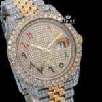 Two Tone Yellow Dial Rainbow Arabic Numerals Moissanite Diamond Watch Close Up Dial View