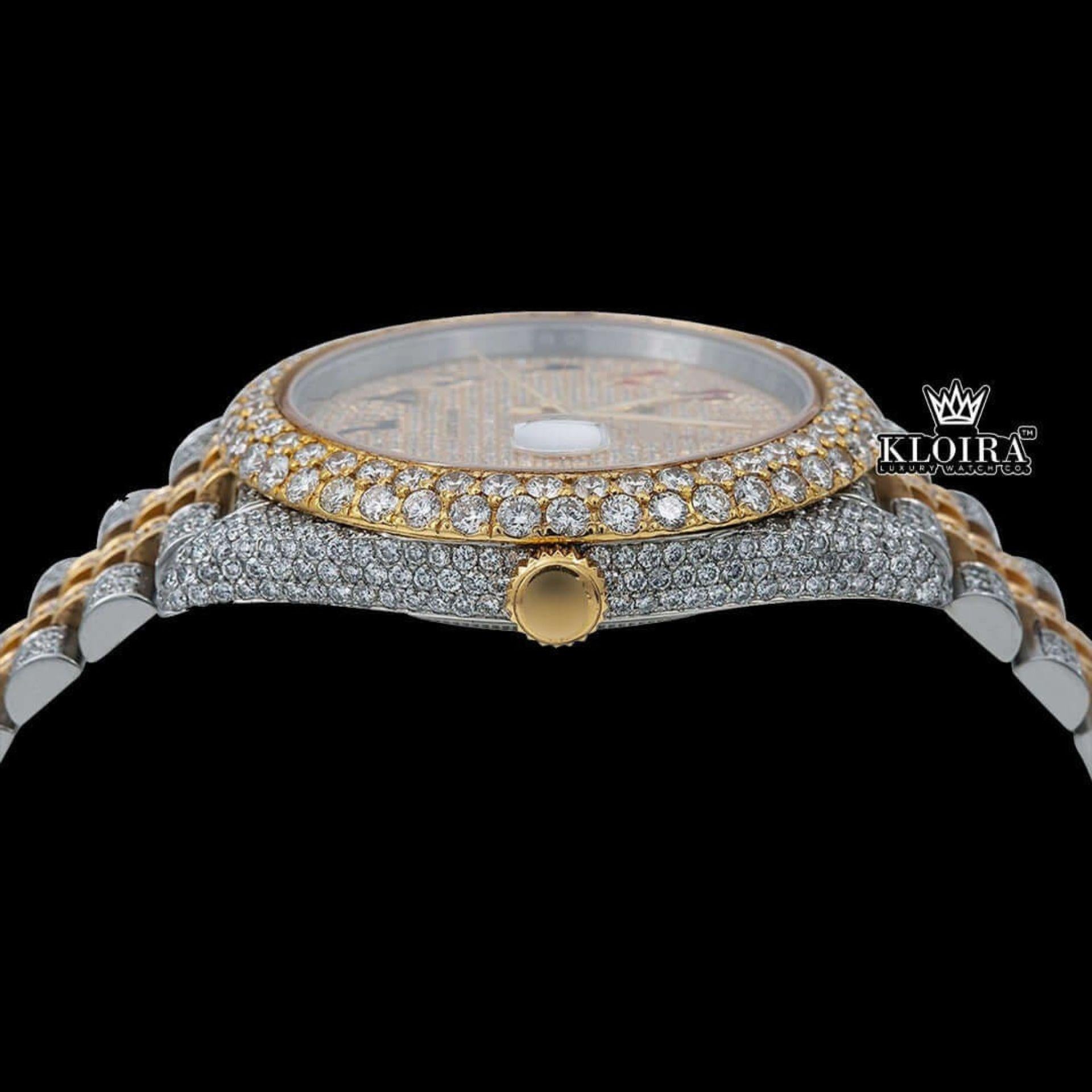 Two Tone Yellow Dial Rainbow Arabic Numerals Moissanite Diamond Watch Crown View