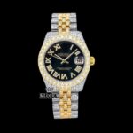 Two Tone Yellow Gold Black Dial Roman Numerals Moissanite Diamond Watch