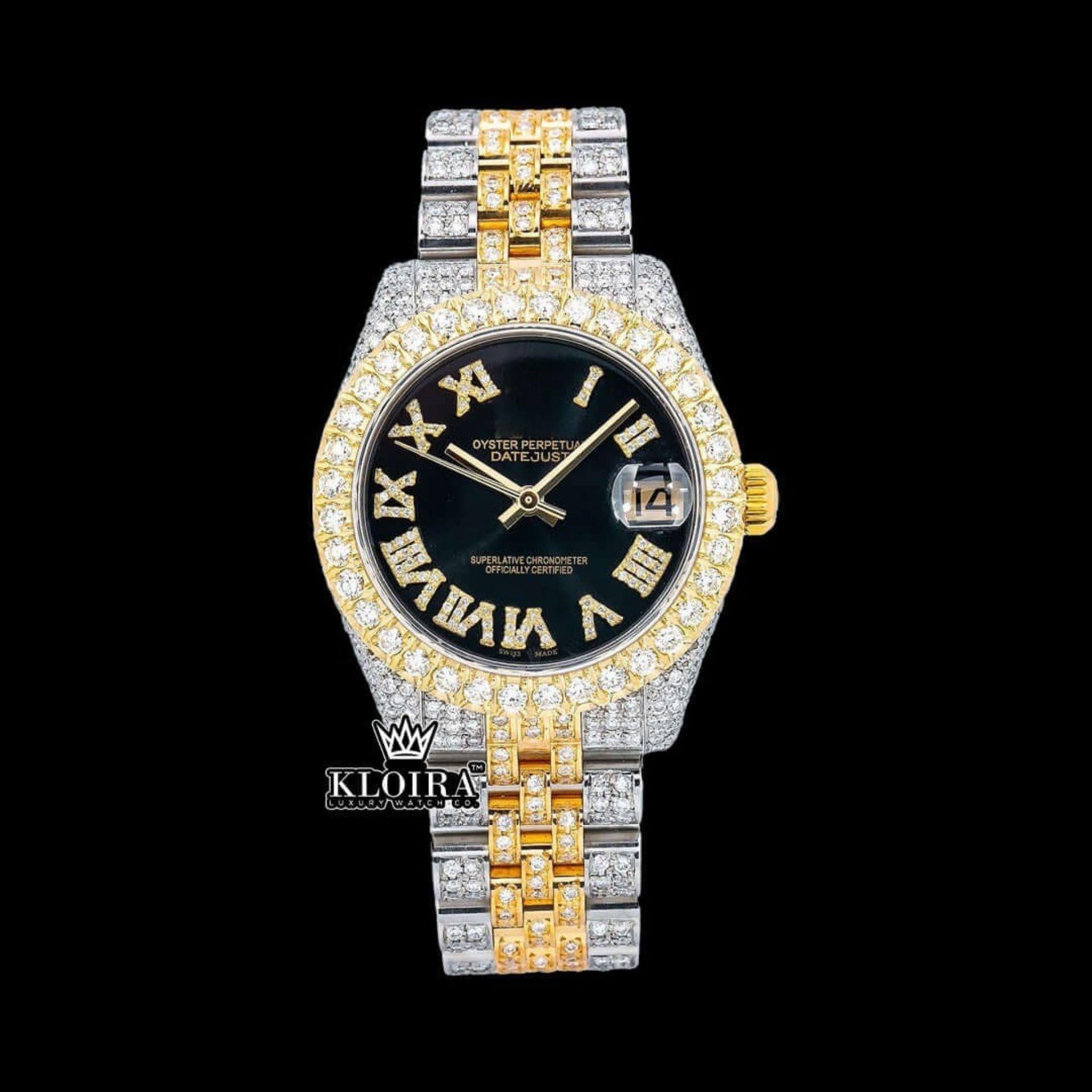 Two Tone Yellow Gold Black Dial Roman Numerals Moissanite Diamond Watch Front View