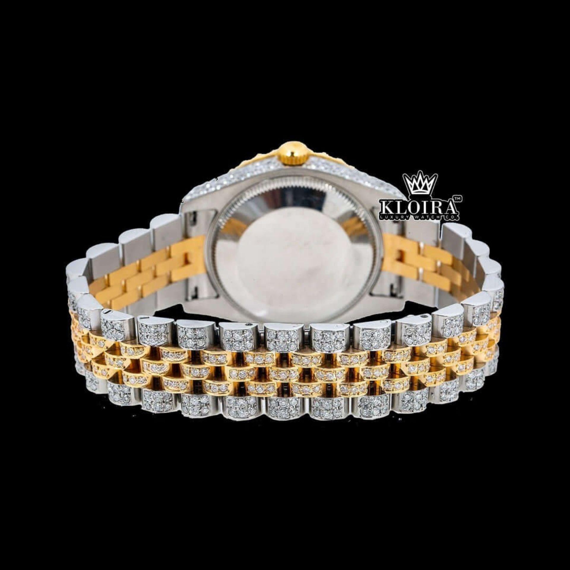 Two Tone Yellow Gold Black Dial Roman Numerals Moissanite Diamond Watch Front View Caseback View