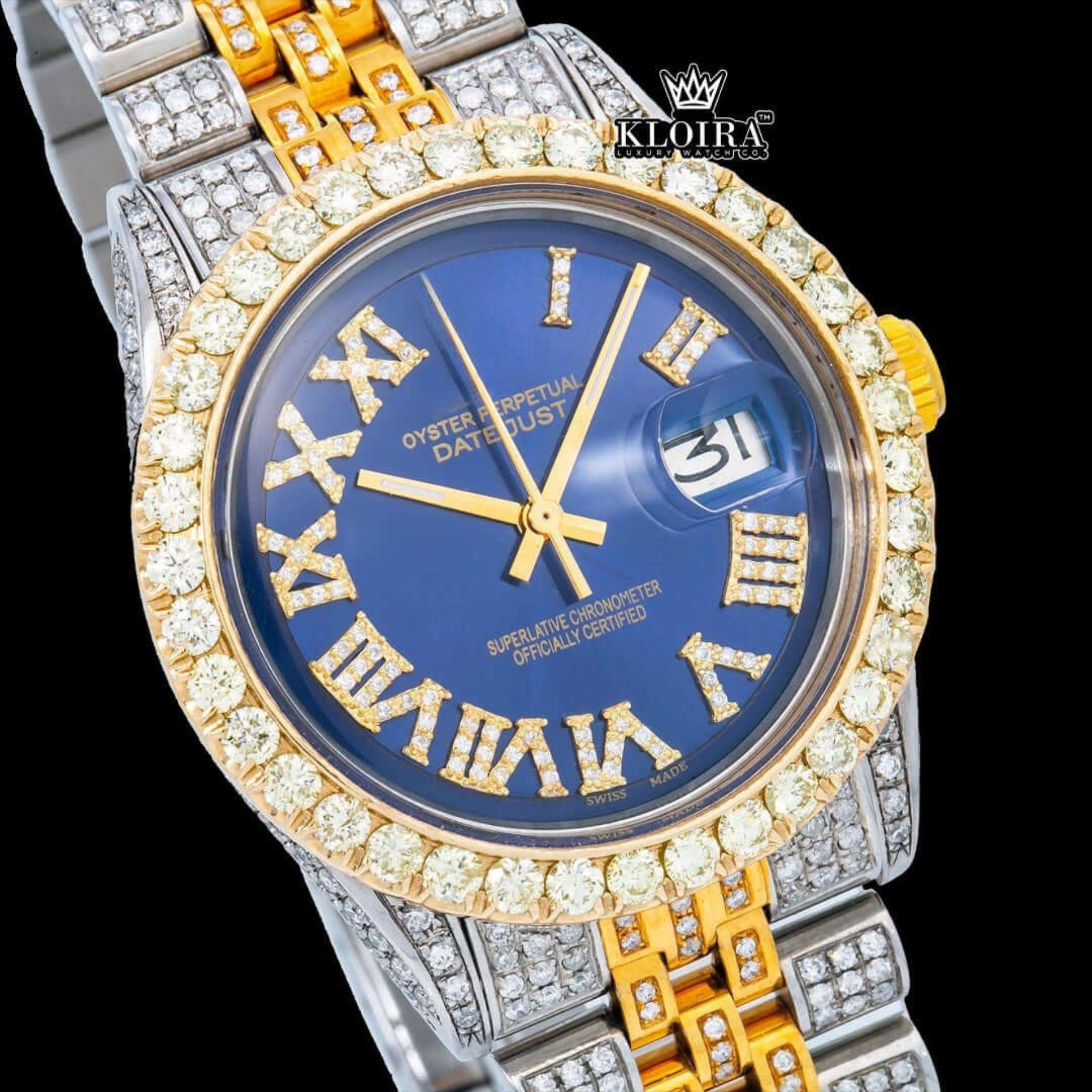 Two Tone Yellow Gold Blue Dial Yellow Roman Numerals Moissanite Watch Close Up Dial View
