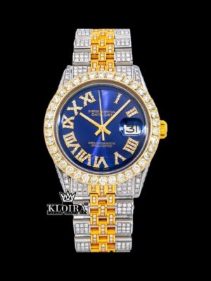 Two Tone Yellow Gold Blue Dial Yellow Roman Numerals Moissanite Watch