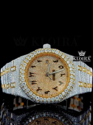 Two Tone Yellow Gold Dial Black Arabic Numerals Bust Down Moissanite Watch