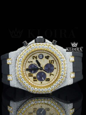 Two Tone Yellow Gold Dial Chronograph Semi Iced Out Moissanite Watch
