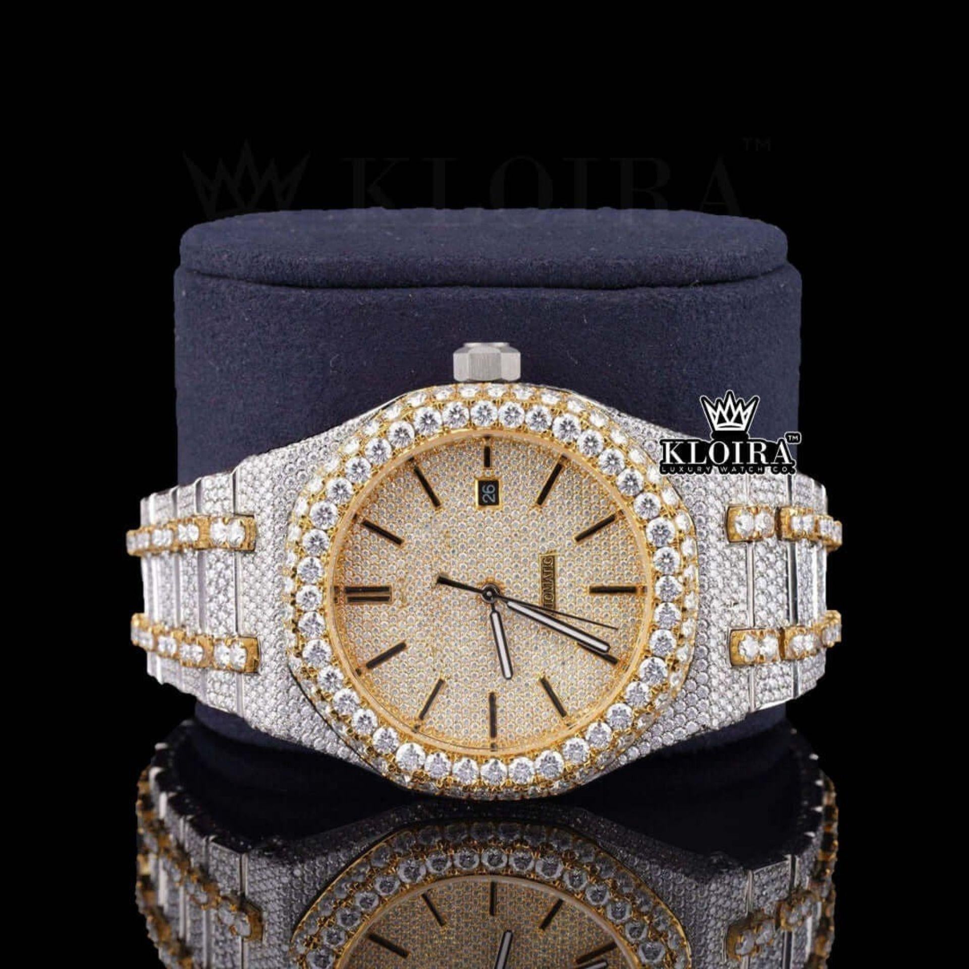 Two Tone Yellow Gold Dial Iced Out Moissanite Diamond Close Up Front View