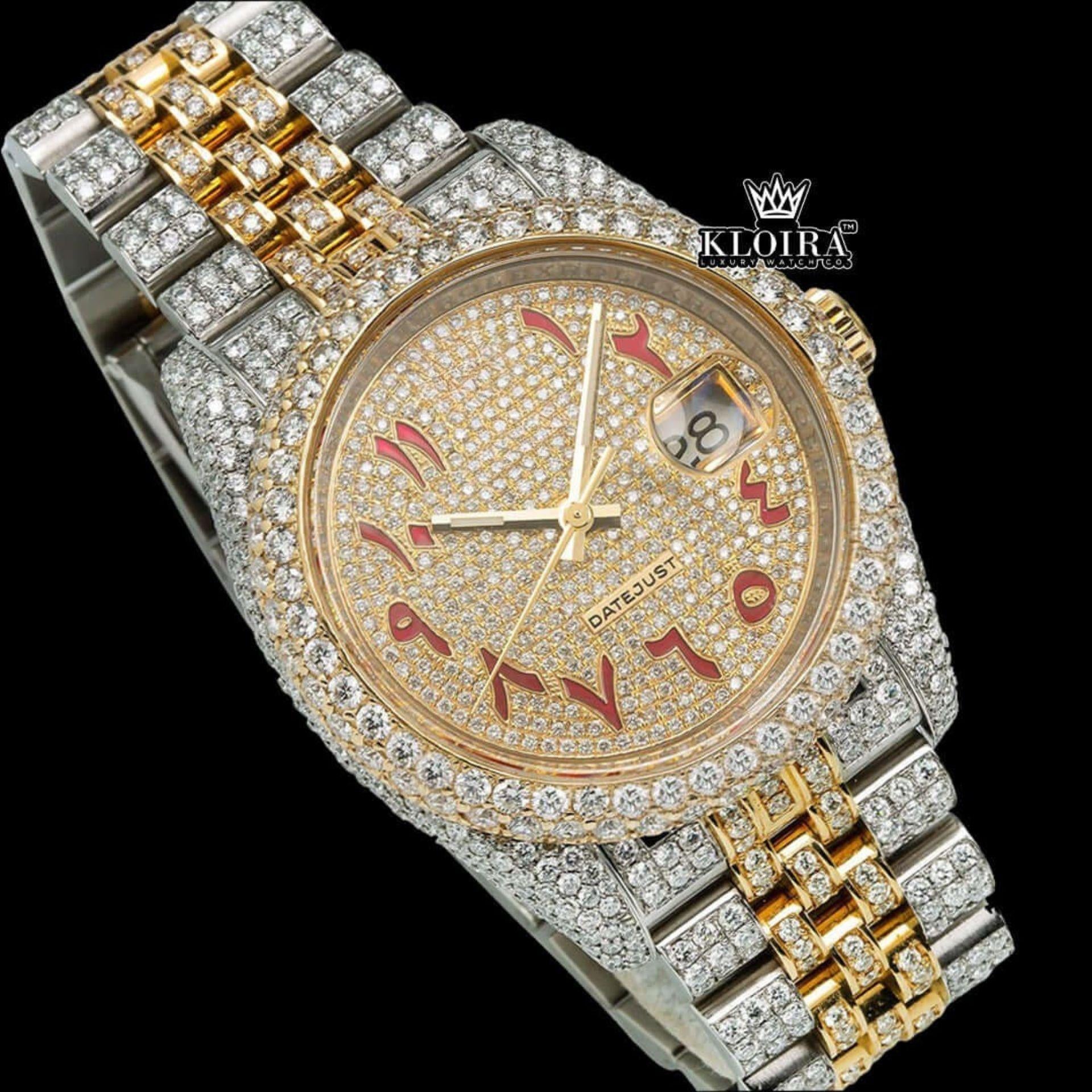 Two Tone Yellow Gold Dial Red Arabic Numerals Moissanite Diamond Watch Close Up Front View