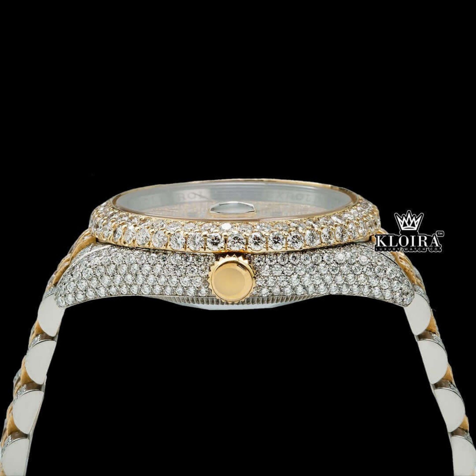 Two Tone Yellow Gold Dial Red Arabic Numerals Moissanite Diamond Watch Crown View