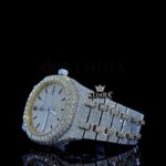 Two Tone Yellow Gold Iced Out Moissanite Diamond Watch Close Up Left Profile View