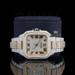 Two Tone Yellow Gold Roman Numerals Moissanite Diamond Watch Close Up Front View