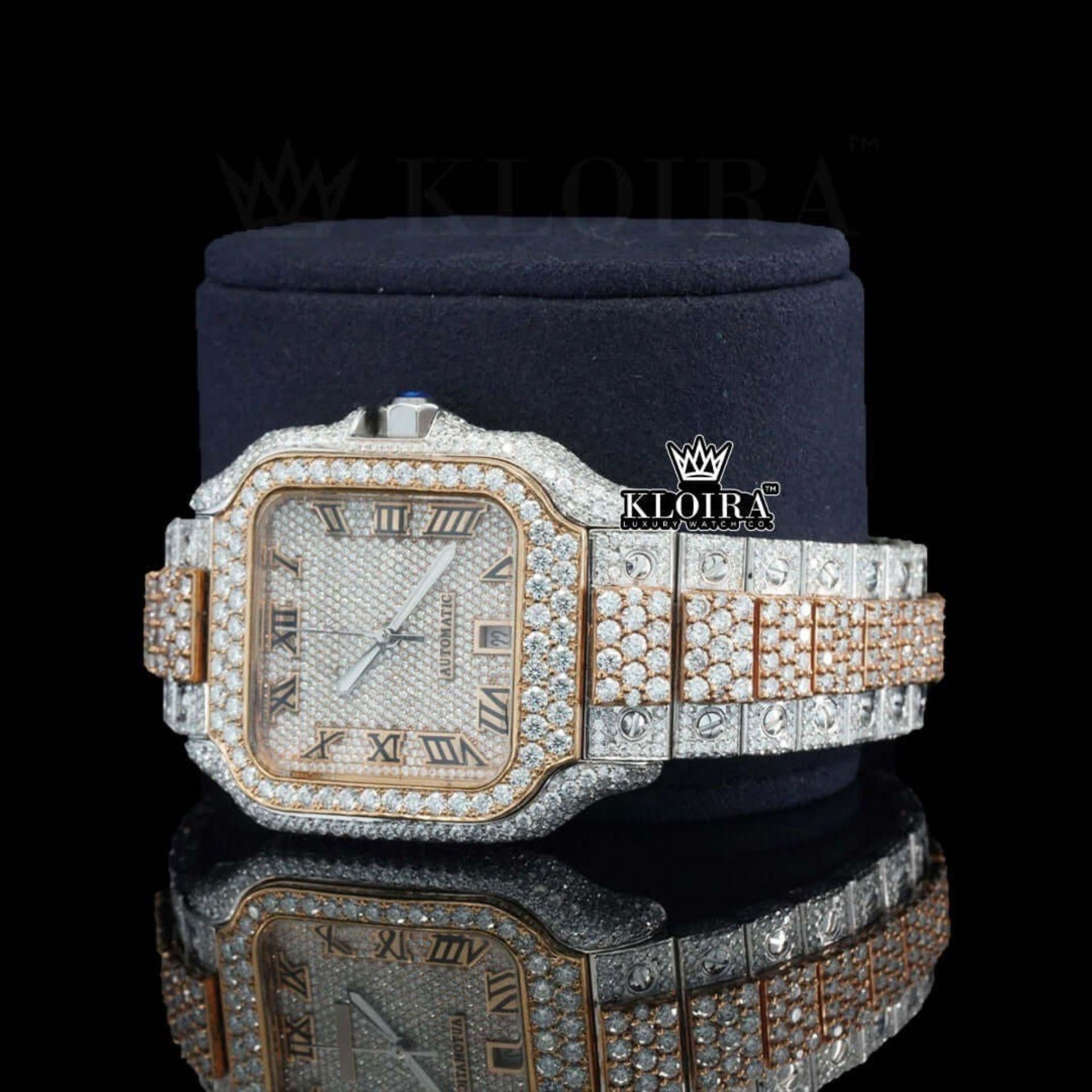 Two Tone Yellow Gold Roman Numerals Moissanite Diamond Watch Left Profile View