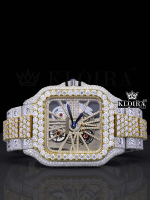 Two Tone Yellow Gold Skeleton Dial Moissanite Diamonds Watch