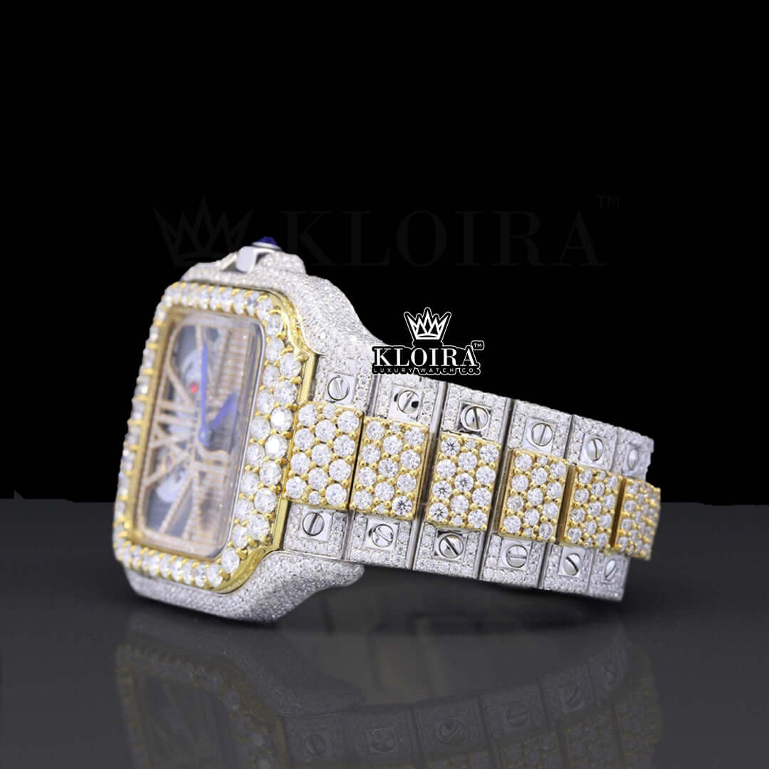 Two Tone Yellow Gold Skeleton Dial Moissanite Diamonds Watch Left Profile View