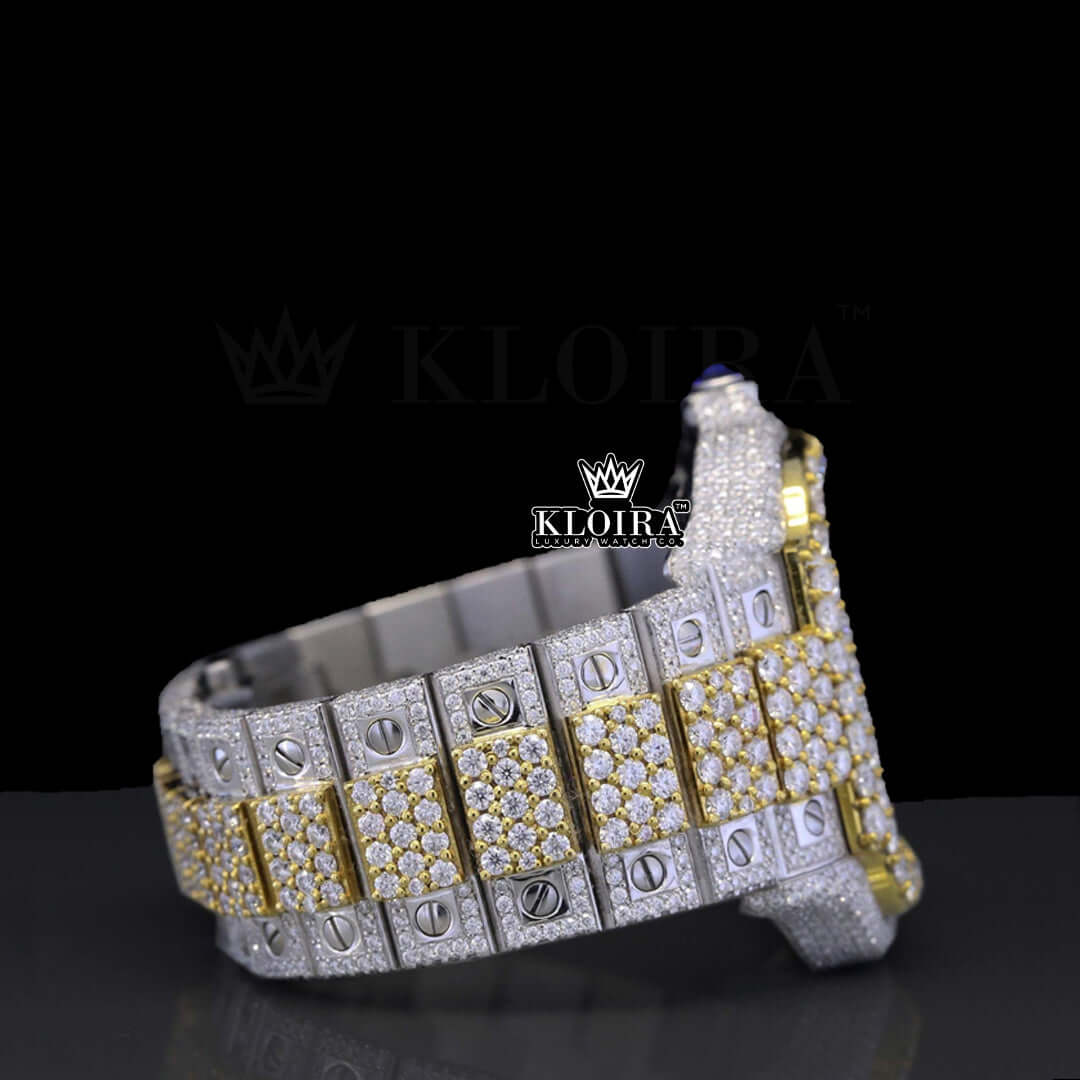 Two Tone Yellow Gold Skeleton Dial Moissanite Diamonds Watch Right Side View