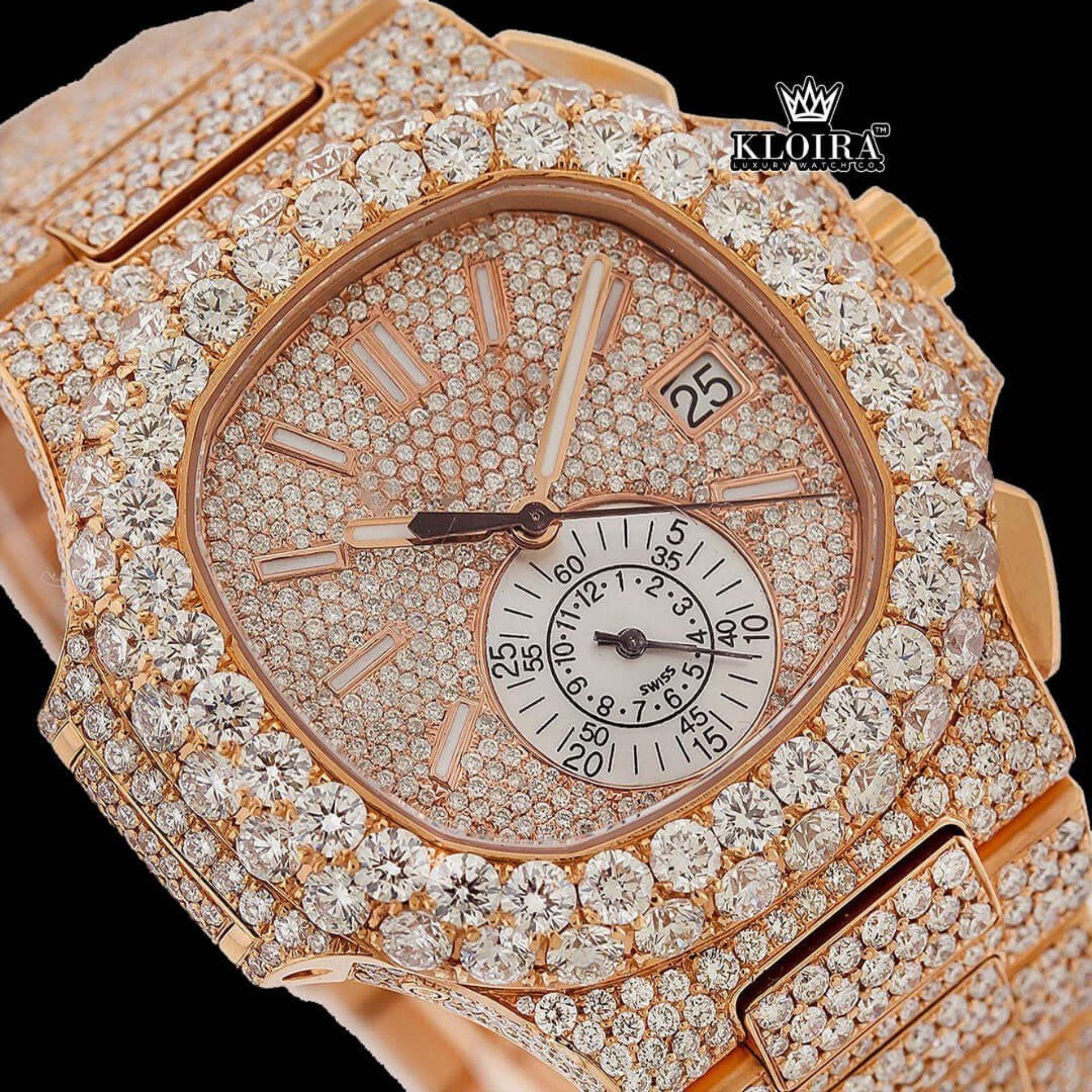 Two Yone Rose Gold Dial Chronograph Stick Markers Moissanite Diamond Watch Close Up Dial View