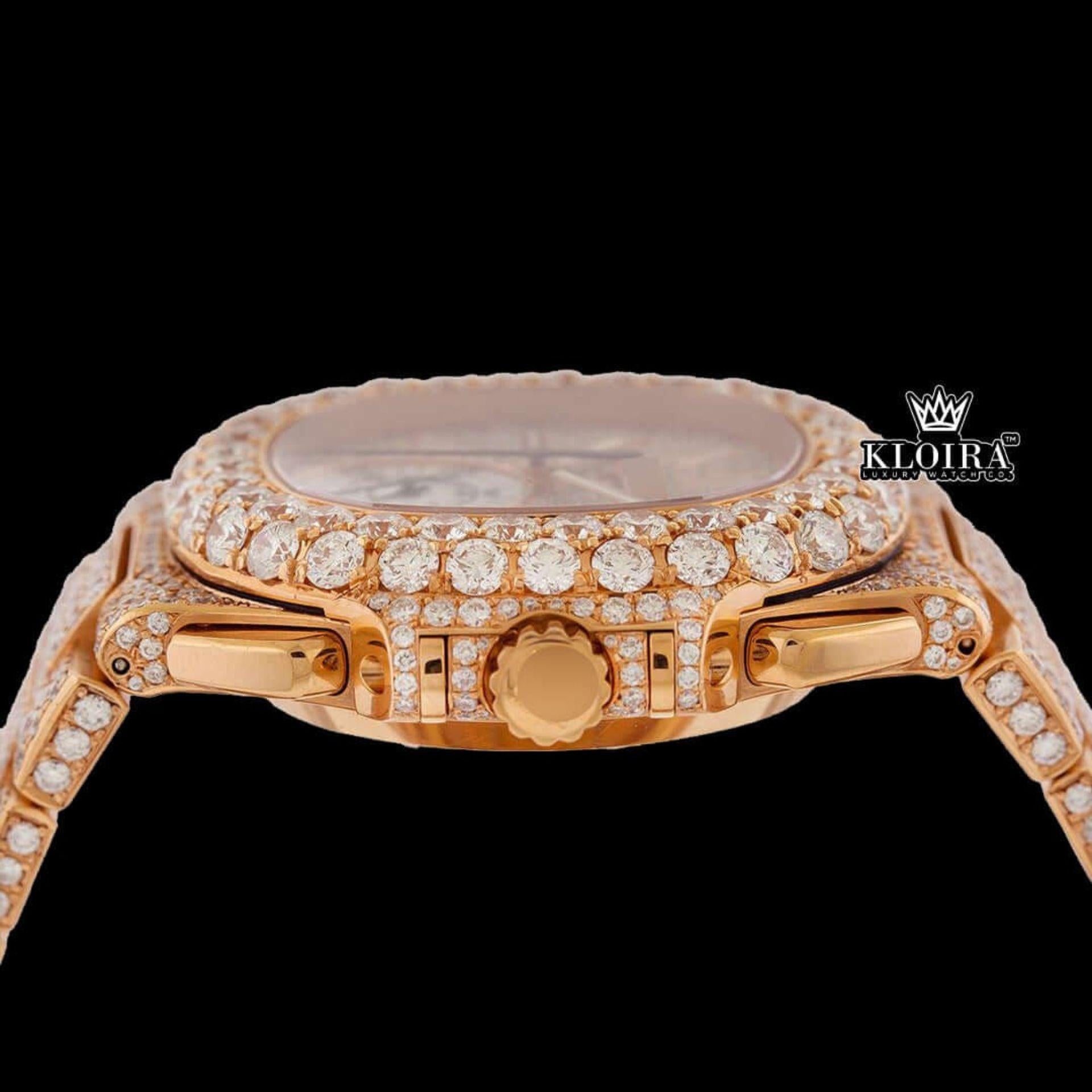 Two Yone Rose Gold Dial Chronograph Stick Markers Moissanite Diamond Watch Crown View