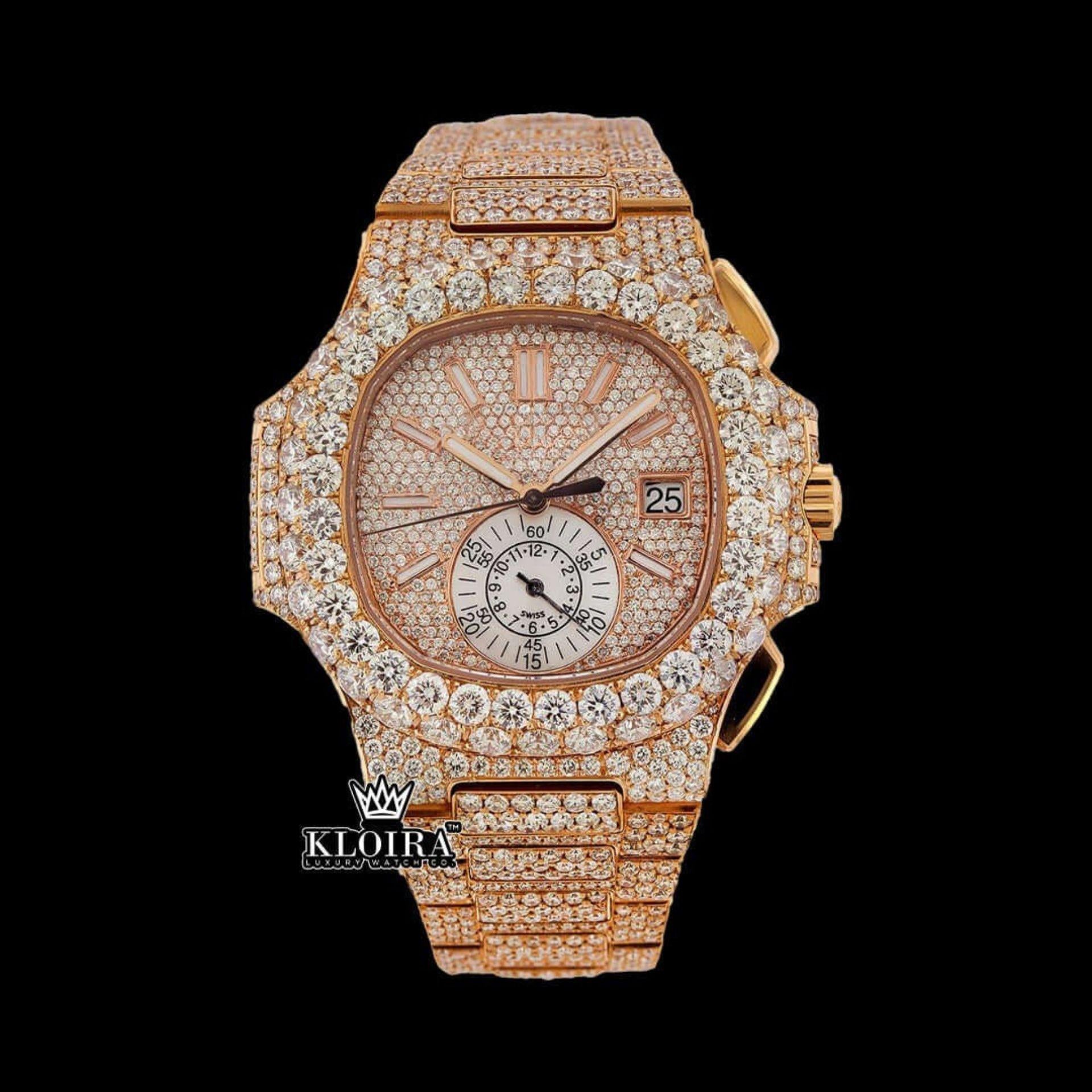 Two Yone Rose Gold Dial Chronograph Stick Markers Moissanite Diamond Watch Front View