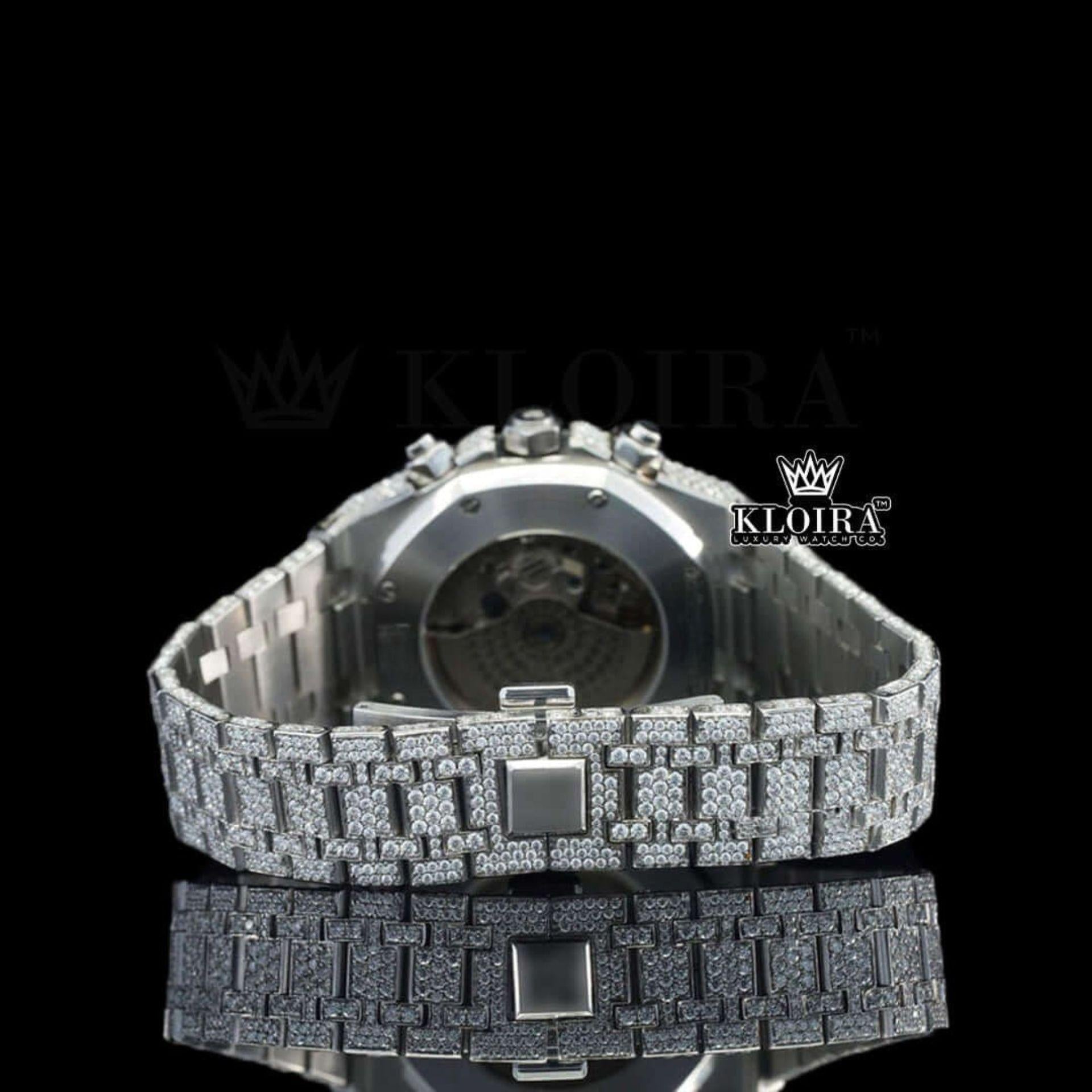 White Chronograph Dial Stick Markers Fully Iced Out Natural Diamond Watch Caseback View