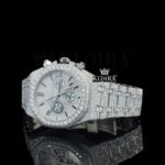 White Chronograph Dial Stick Markers Fully Iced Out Natural Diamond Watch Close Up Dial View