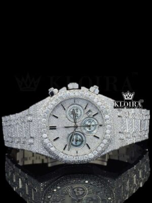 White Chronograph Dial Stick Markers Fully Iced Out Natural Diamond Watch