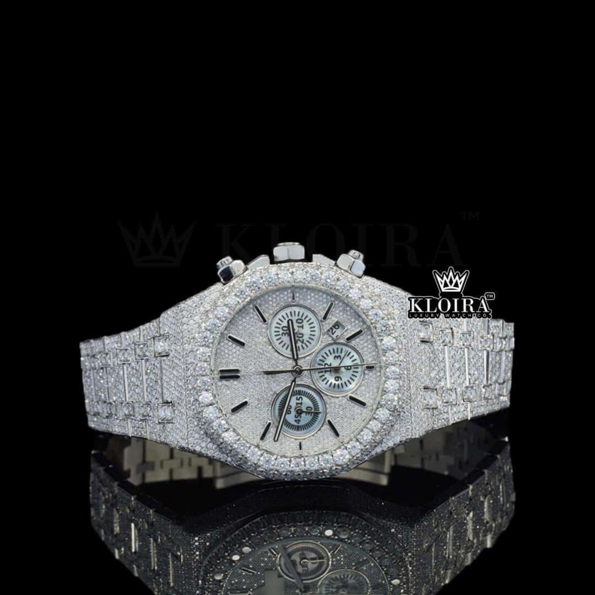White Chronograph Dial Stick Markers Fully Iced Out Natural Diamond Watch Front View