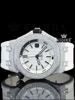 White Dial AP Black Stick Markers Semi Iced Out Moissanite Watch