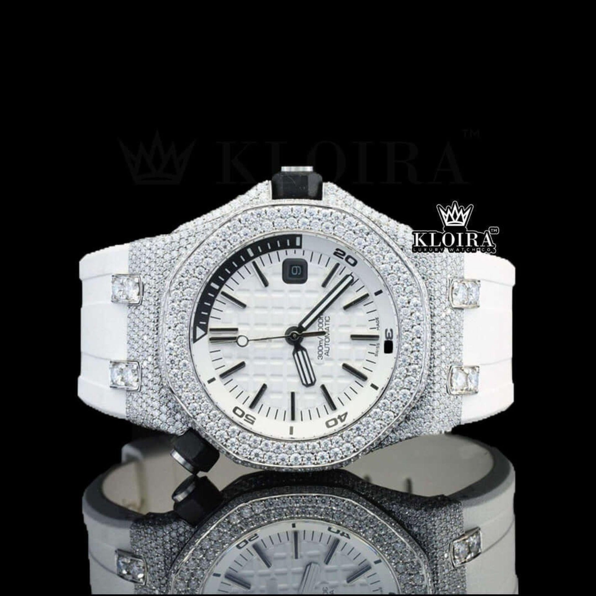 White Dial AP Black Stick Markers Semi Iced Out Moissanite Watch Front View
