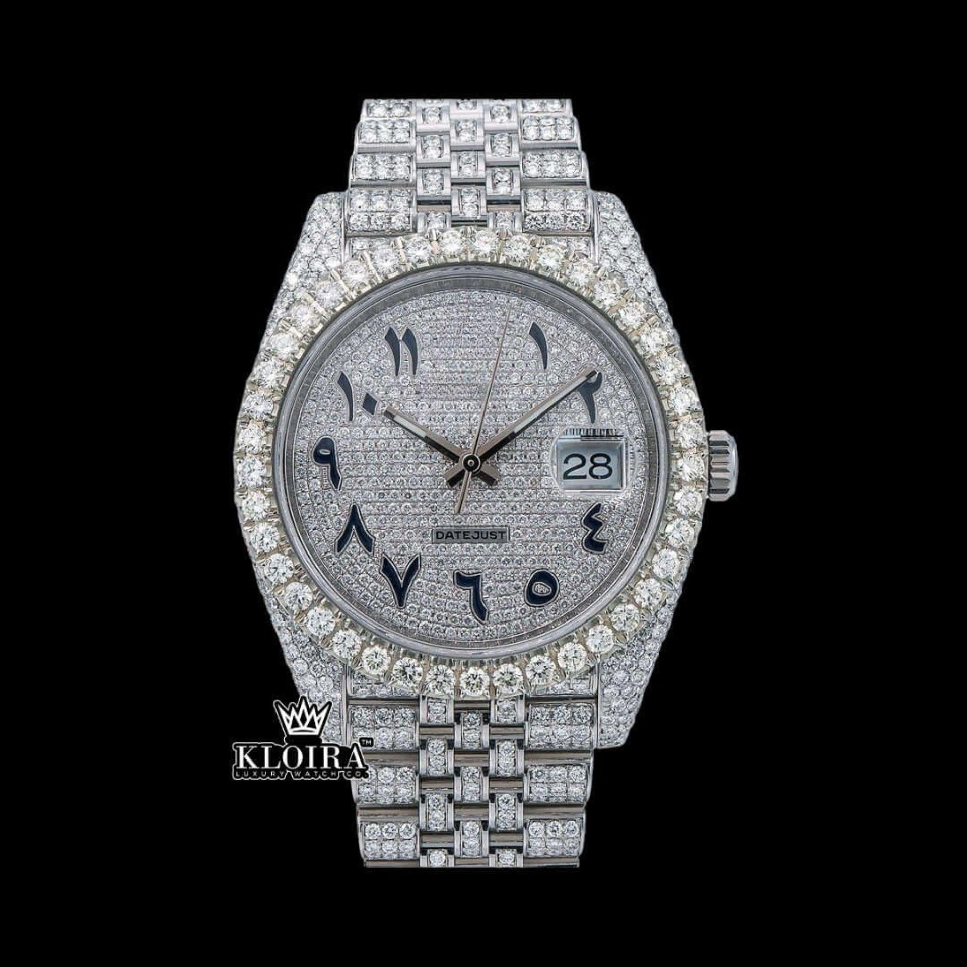 White Dial Arabic Numerals Full Iced Out Moissanite Watch Front View