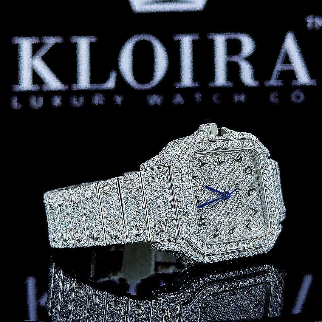 White Dial Arabic Numerals Fully Iced Out Moissanite Watch Left Strap View