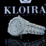 White Dial Black Arabic Numerals Fully Iced Out Moissanite Diamond Watch Left Profile View