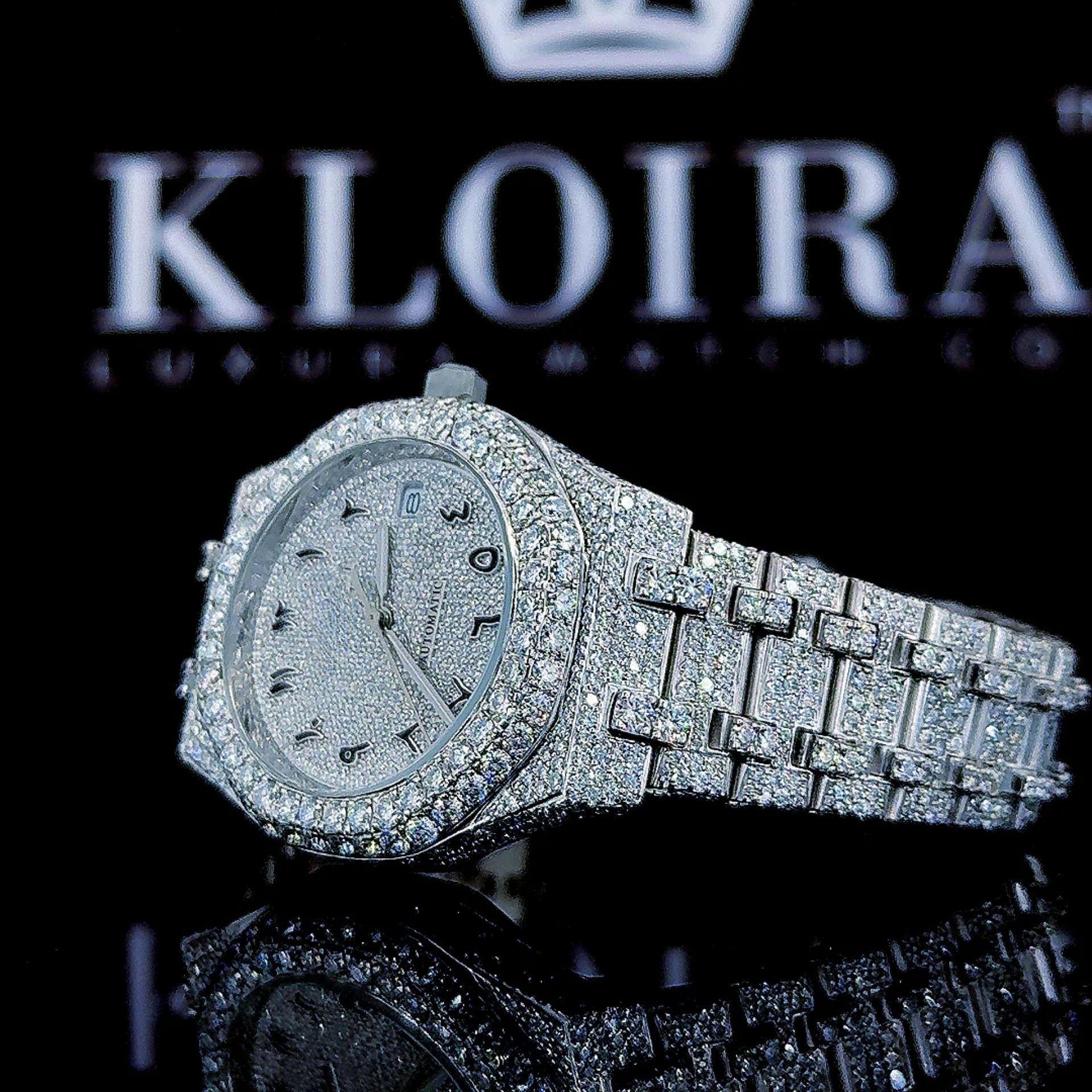 White Dial Black Arabic Numerals Fully Iced Out Moissanite Diamond Watch Left Profile View