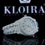 White Dial Black Arabic Numerals Fully Iced Out Moissanite Diamond Watch Right Profile View