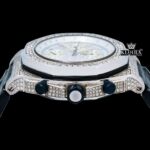 White Dial Black Leather Strap Chronograph Moissanite Diamond Watch Crown View