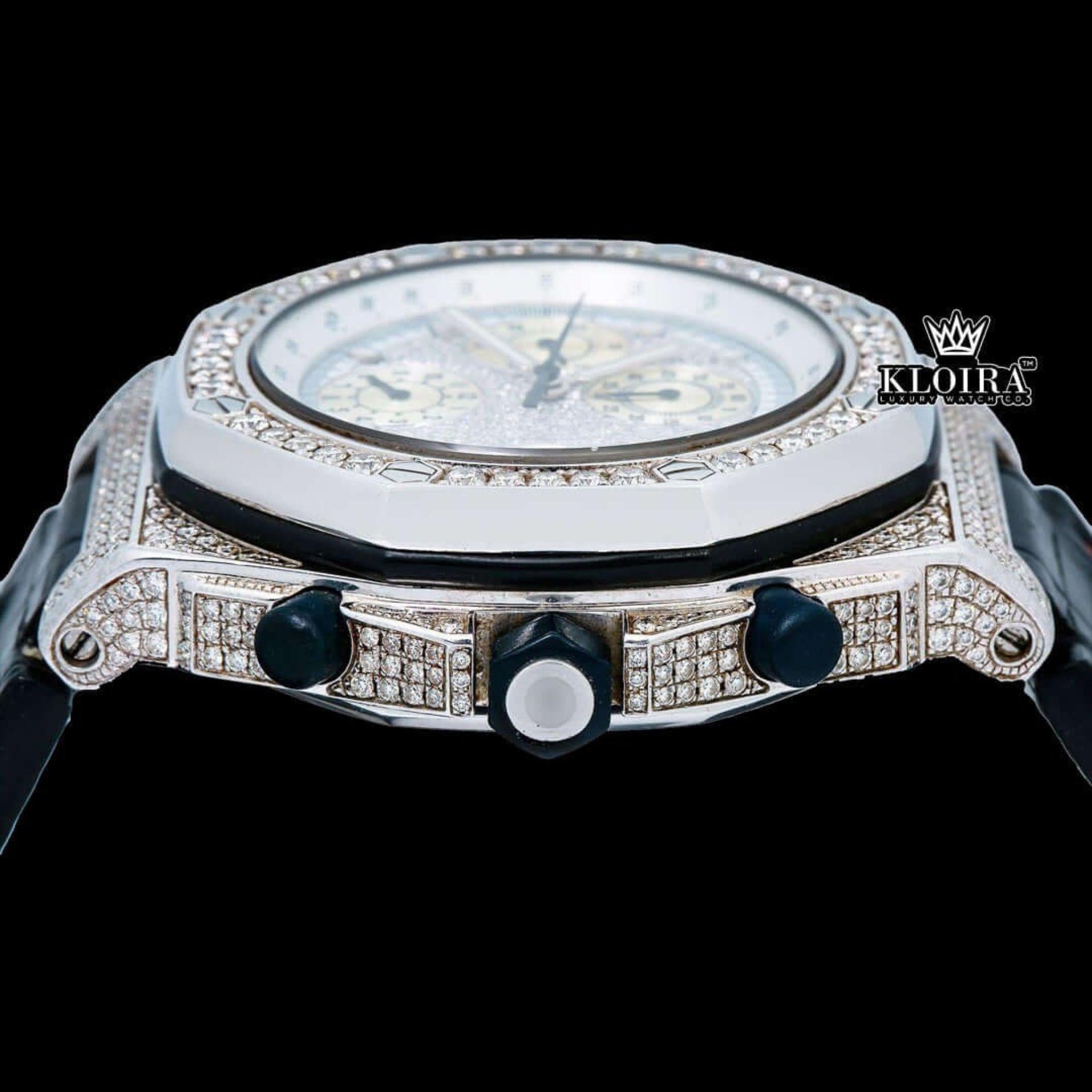 White Dial Black Leather Strap Chronograph Moissanite Diamond Watch Crown View