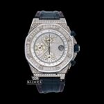 White Dial Black Leather Strap Chronograph Moissanite Diamond Watch