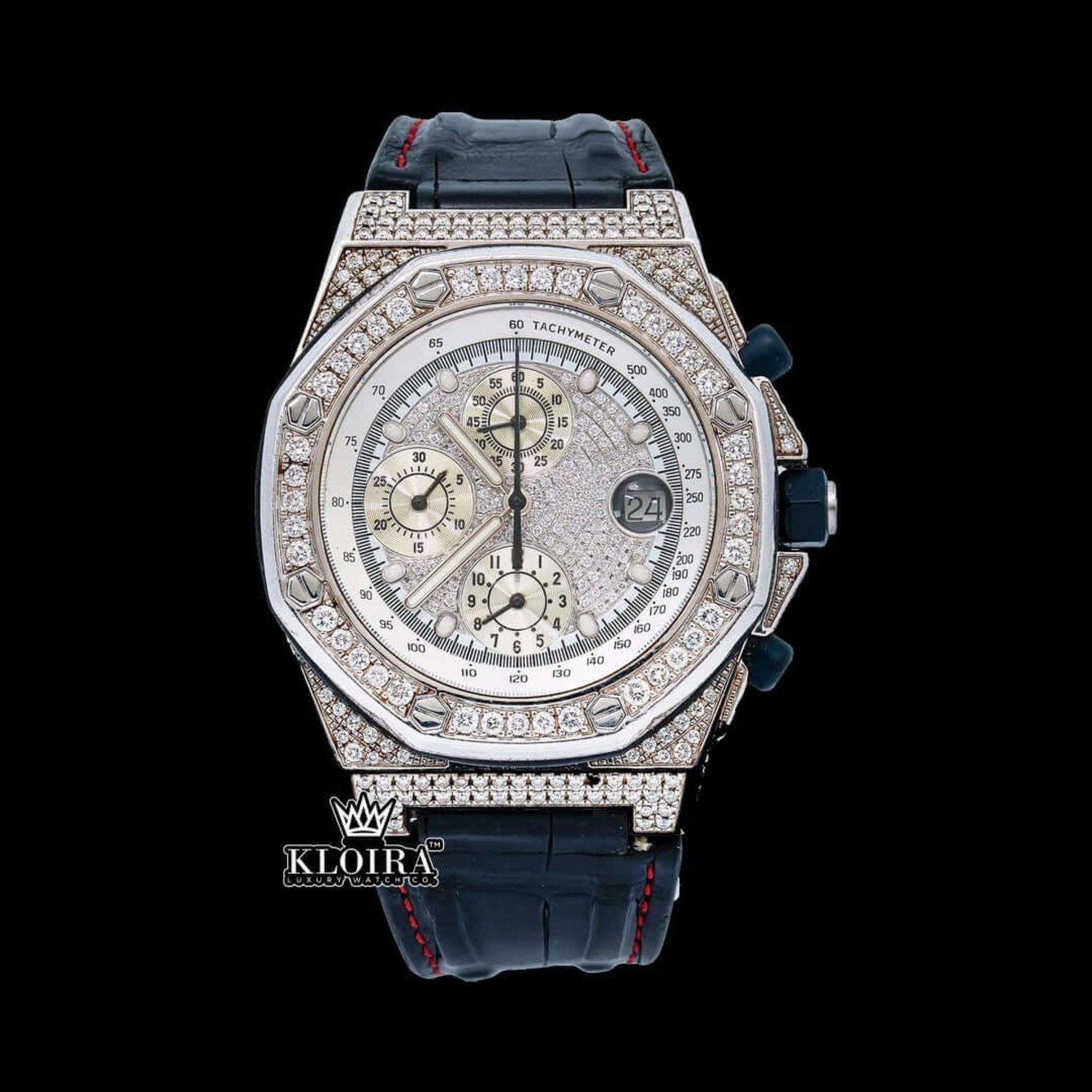 White Dial Black Leather Strap Chronograph Moissanite Diamond Watch Front View
