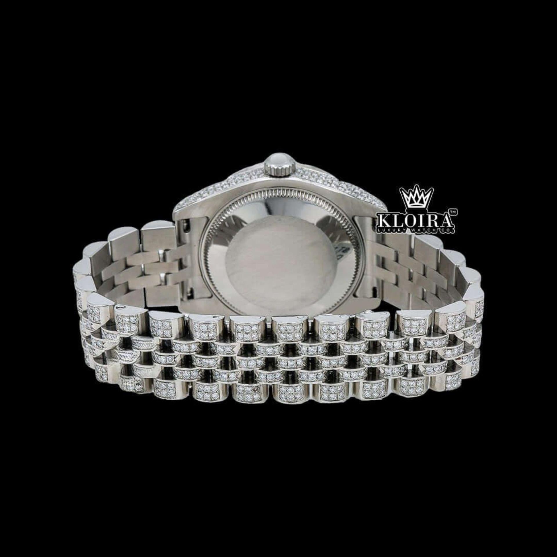 White Dial Black Roman Numerals Bust Down Moissanite Diamond Watch Caseback View