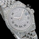 White Dial Black Roman Numerals Bust Down Moissanite Diamond Watch Close Up Dial View