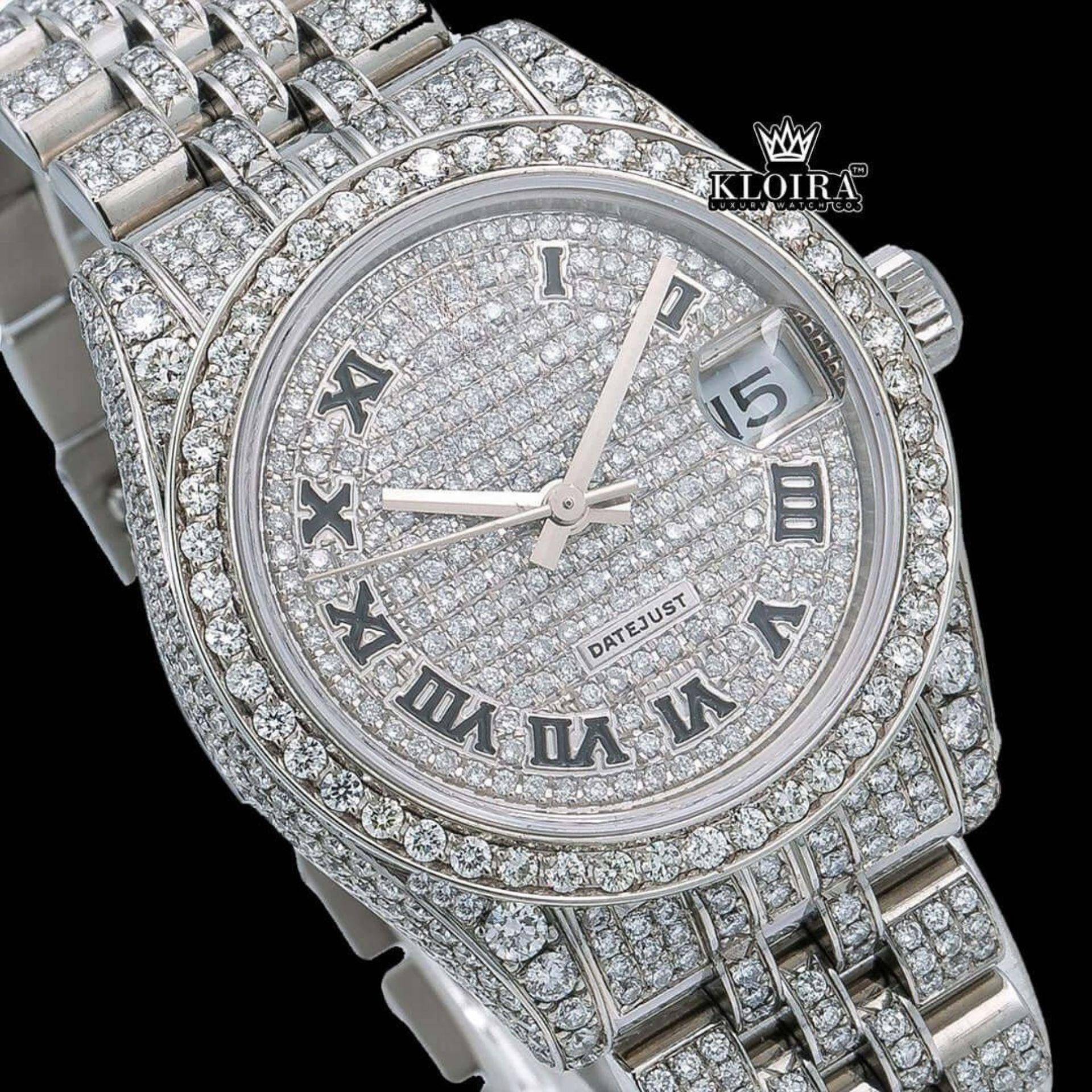 White Dial Black Roman Numerals Bust Down Moissanite Diamond Watch Close Up Dial View