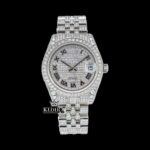 White Dial Black Roman Numerals Bust Down Moissanite Diamond Watch