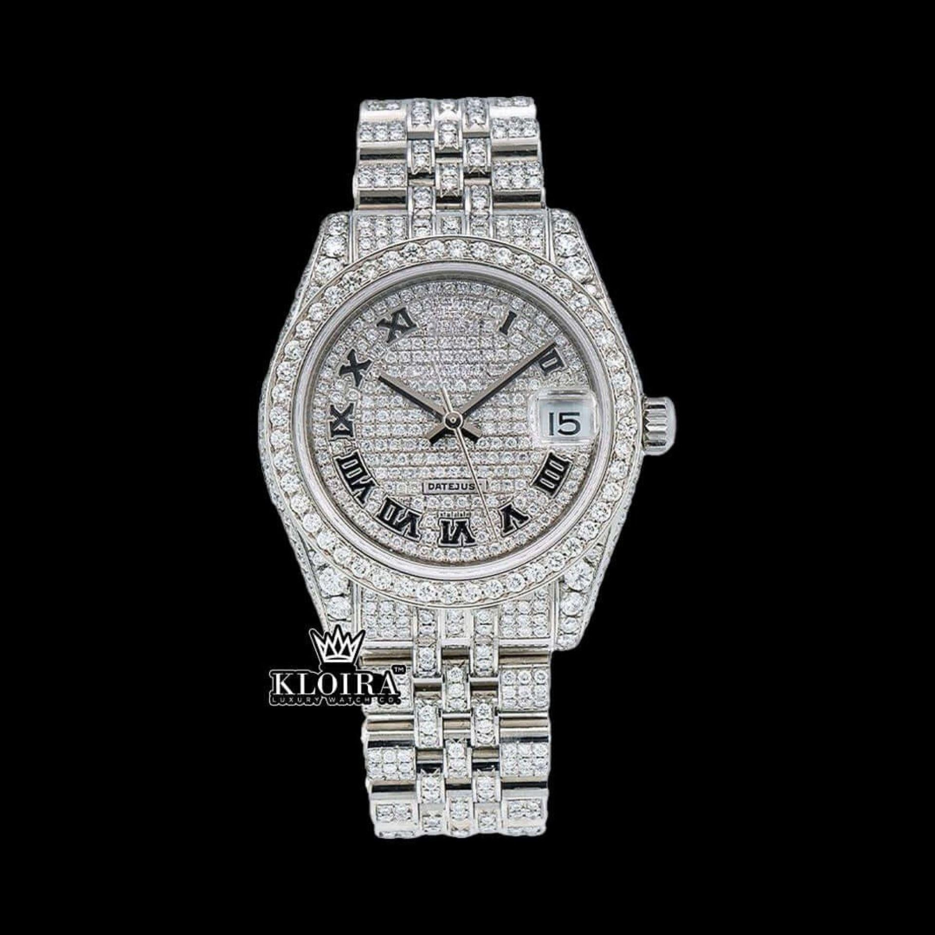 White Dial Black Roman Numerals Bust Down Moissanite Diamond Watch Front View