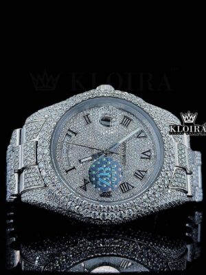White Dial Black Roman Numerals Fully Iced Out Moissanite Watch
