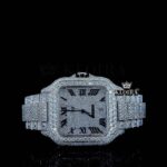 White Dial Black Roman Numerals Iced Out Block Link Strap Moissanite Watch