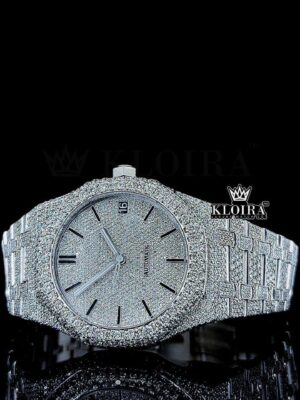 White Dial Black Stick Markers AP Fully Iced Out Moissanite Watch